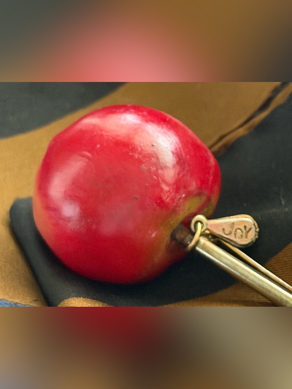 Red Apple Brooch with Gold-Tone Clip - JOY